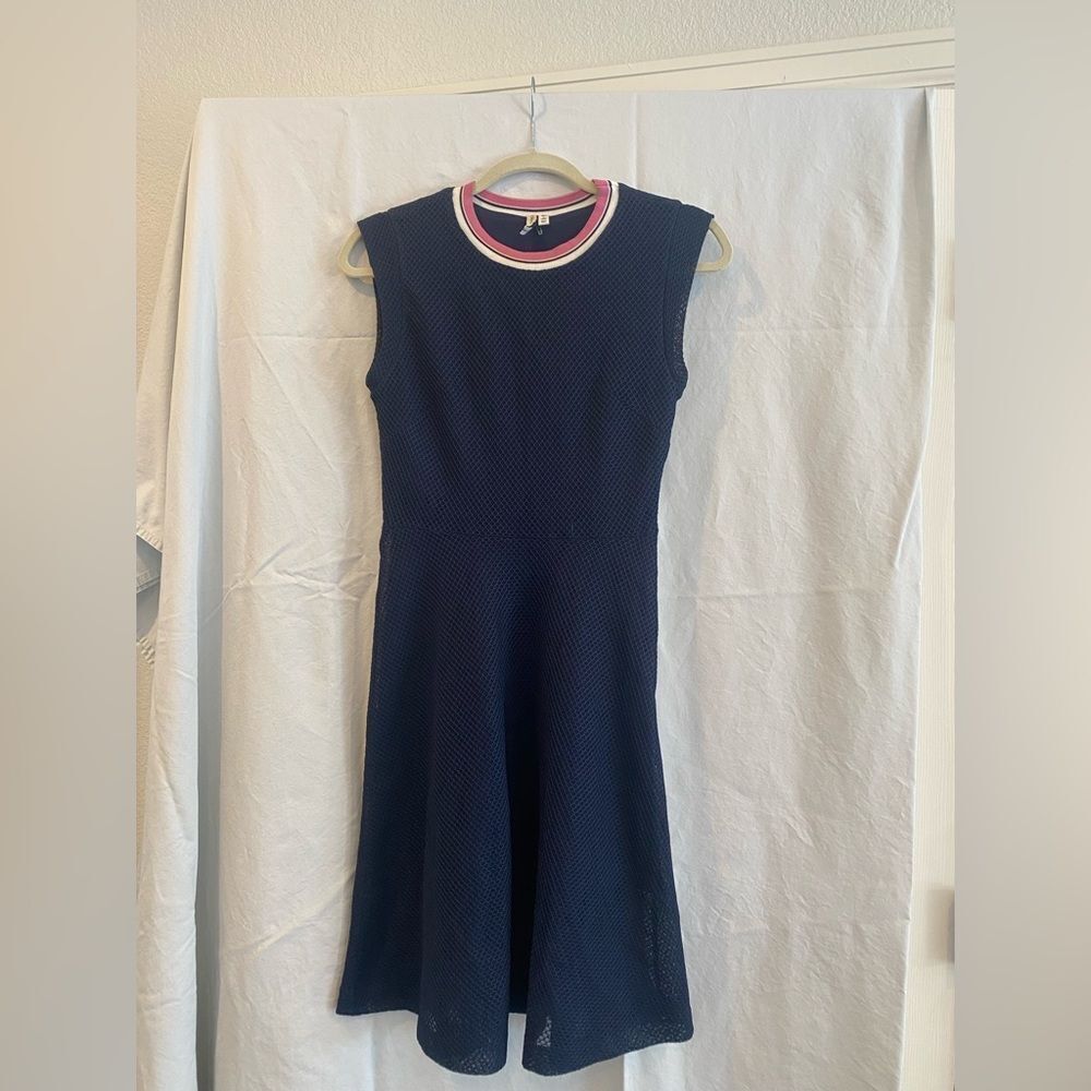 & Other Stories Navy Sleeveless Textured Dress with Striped Collar